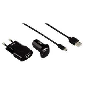 Зарядное устройство от 220В, от автоприкуривателя, выход USB + кабель microUSB, Hama 1A (00102005)