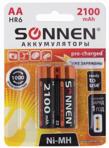 Аккумулятор AA, NiMH, 2100 mAh, SONNEN, (комплект 2шт) 454234