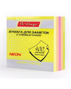 Бумага для заметок , 76 х 76мм, BERLINGO, 400л, 5цв, неон, самокл., LSb_76505