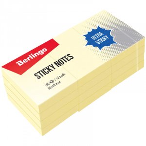 Бумага для заметок Berlingo Ultra Sticky 50 x 40 мм, 12 блоков по 100 л,пастель желтый, 39000
