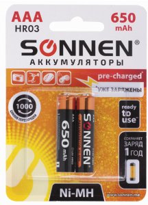 Аккумулятор AAA, NiMH, 650 mAh, SONNEN, (комплект 2шт) 454236