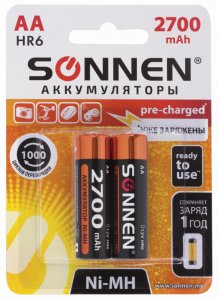 Аккумулятор AA, NiMH, 2700 mAh, SONNEN, (комплект 2шт) 454235