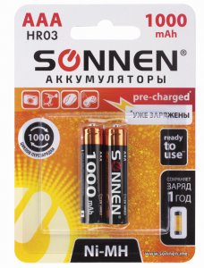 Аккумулятор AAA, NiMH, 1000 mAh, SONNEN, (комплект 2шт) 454237
