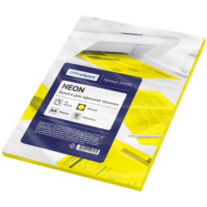 Бумага  Цветная А4, желтая neon OfficeSpace, 80 гр, 50л, 245193