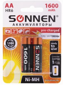 Аккумулятор AA, NiMH, 1600 mAh, SONNEN, (комплект 2шт) 454233