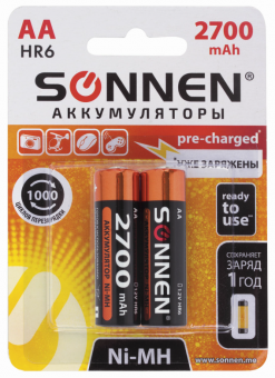 Аккумулятор AA, NiMH, 2700 mAh, SONNEN, (комплект 2шт) 454235