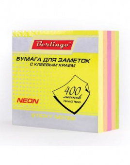 Бумага для заметок , 76 х 76мм, BERLINGO, 400л, 5цв, неон, самокл., LSb_76505